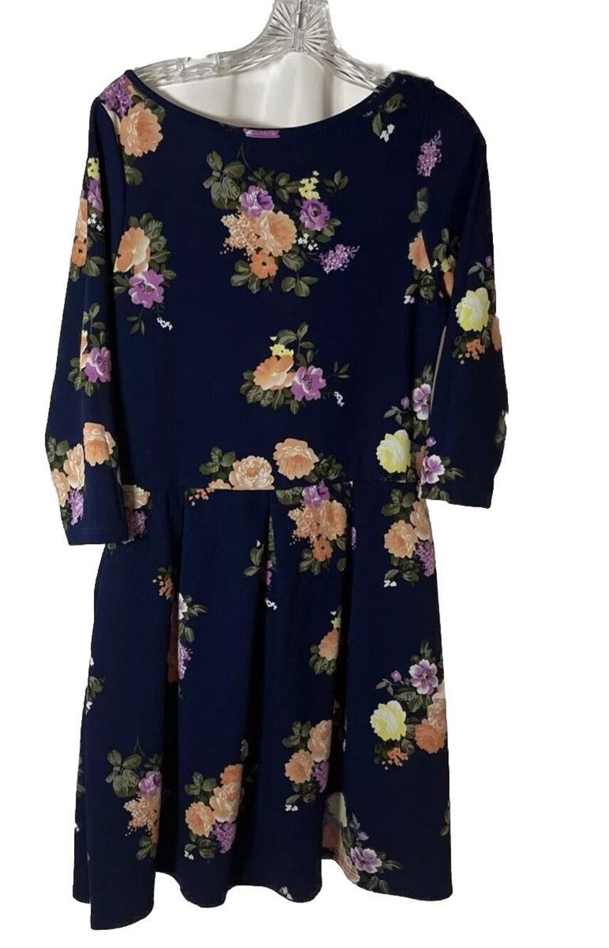 24seven Comfort Apparel Women’s Floral Navy Blue Fit&Flare Dress Size L Boho